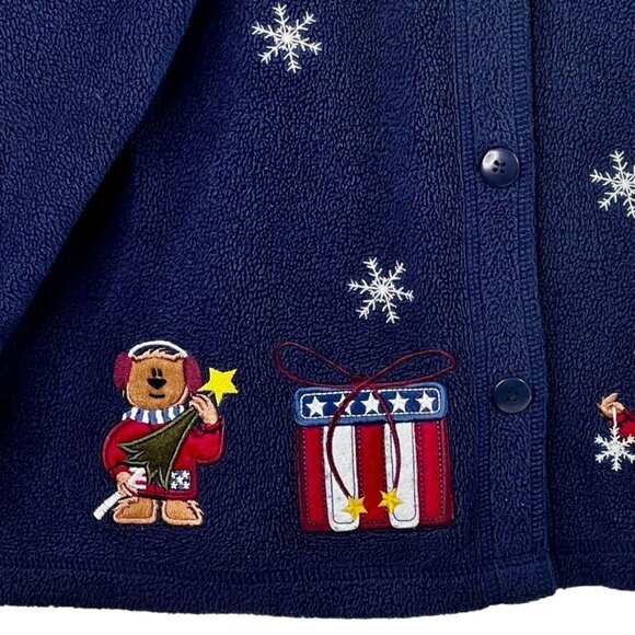 Croft & Barrow Sport Womens M Navy Holiday Fleece Cardigan Embroidery Appliques - Picture 8 of 13